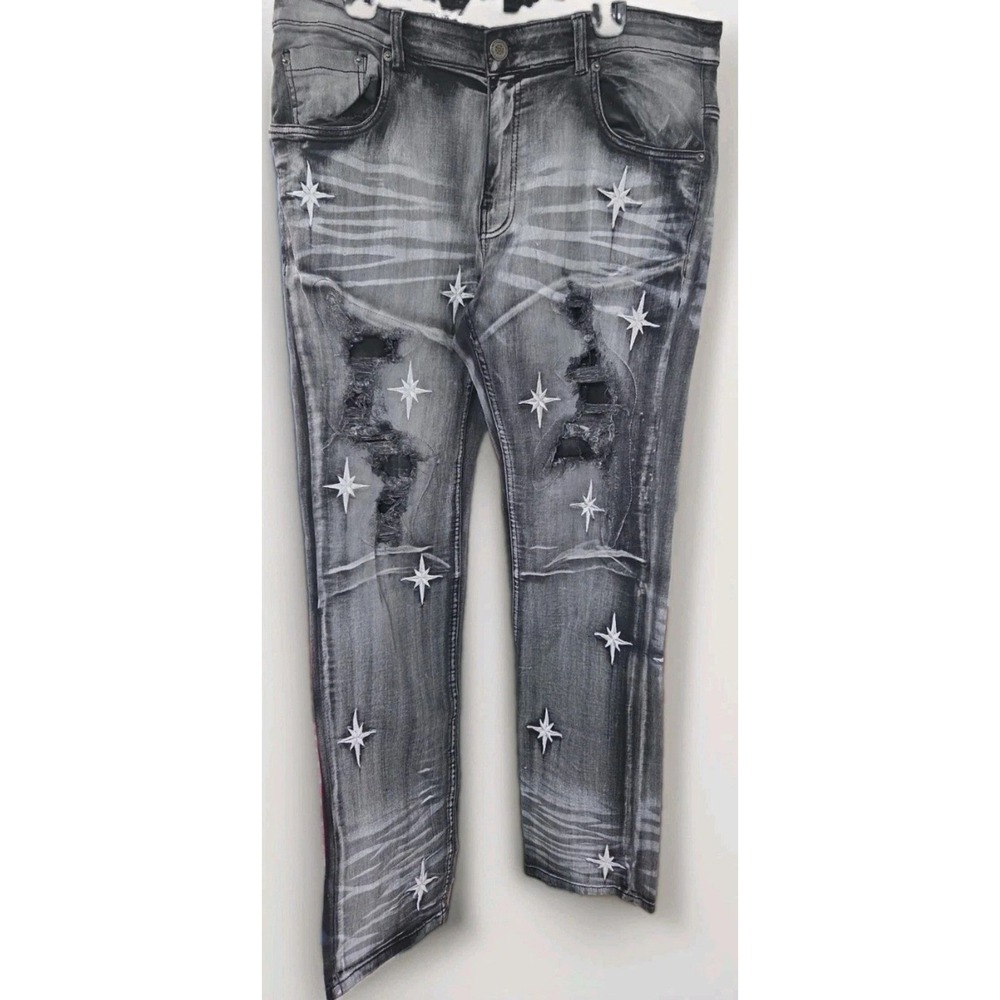 Copper Rivet Mens Slim Fit Distressed Star Embroidered Acid Wash Jeans 40x32